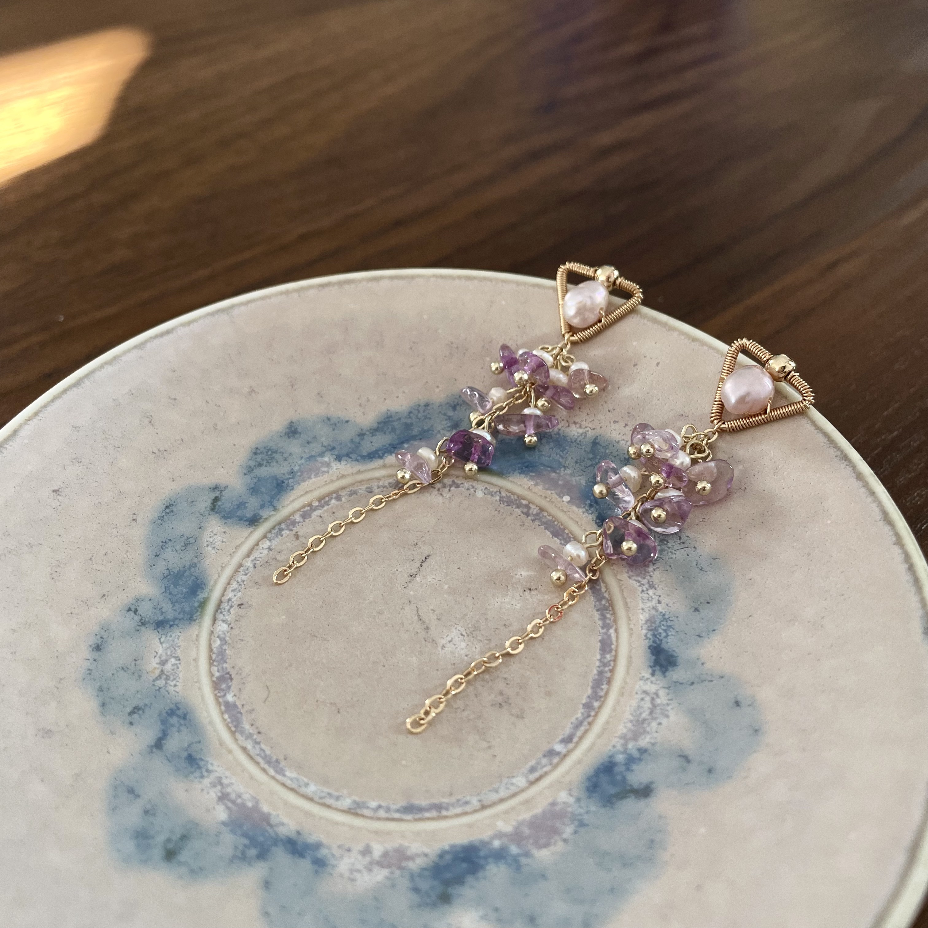 Handmade Lavender Pearl Set in Triangle Earrings with Amethyst and Pearls Fringe