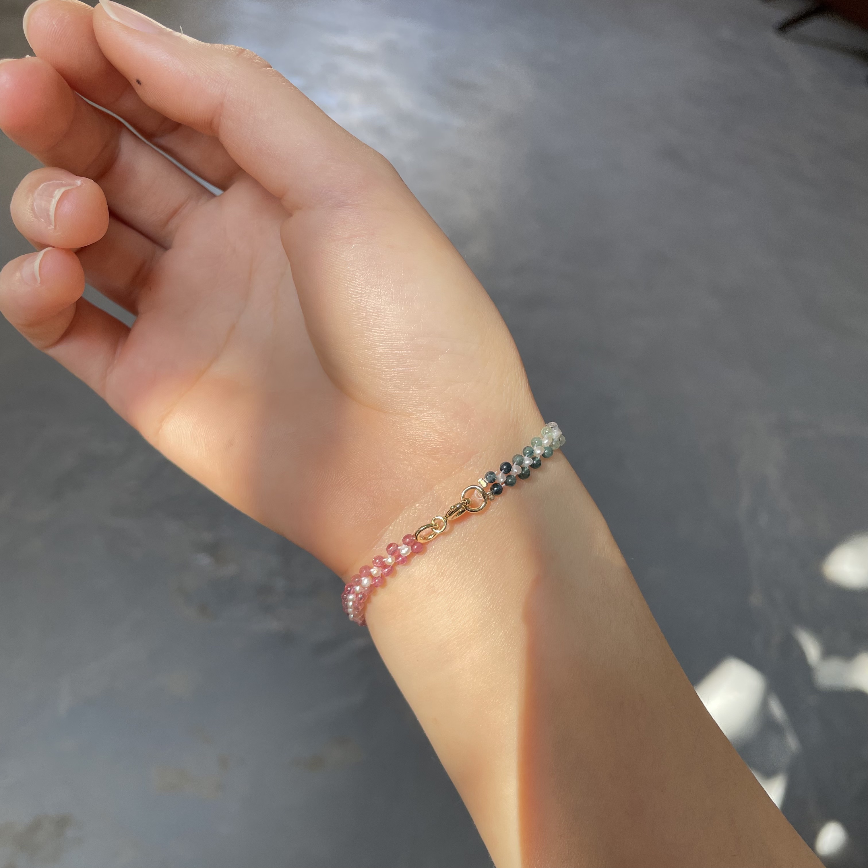 Handmade Dainty Colorful Multi Tourmaline and Freshwater Pearl Woven Layering Bracelet 