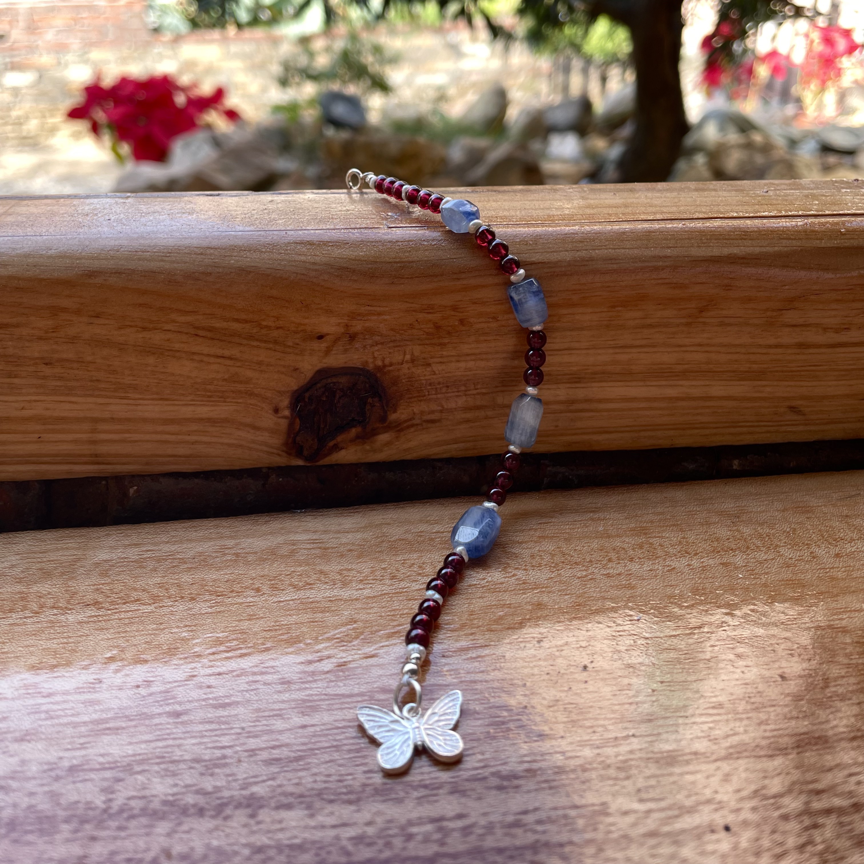 Handmade Garnet and Kyanite Bracelet with Sterling Silver Butterfly Charm