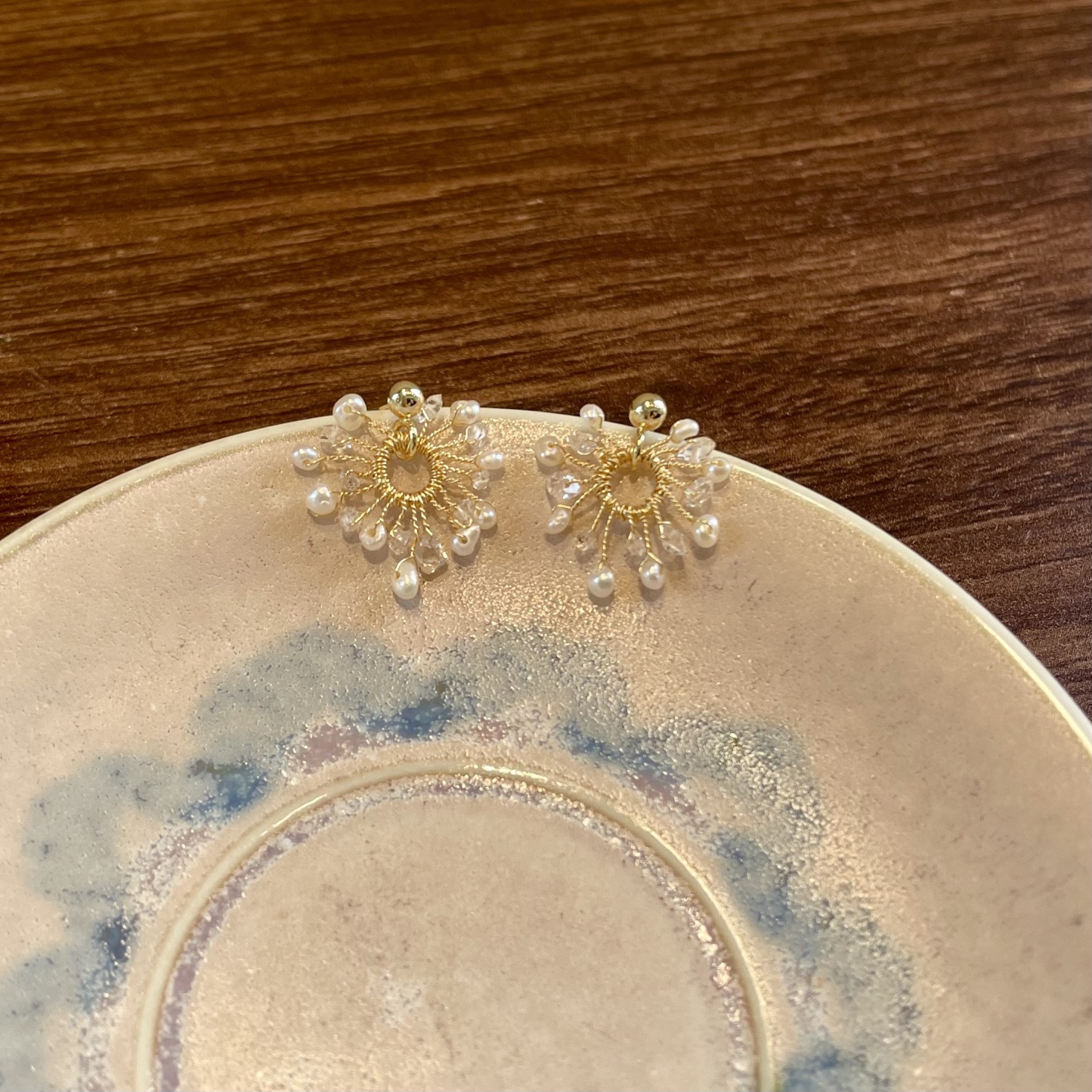 Handmade Herkimer Diamond Firework Pearl Stud Earrings