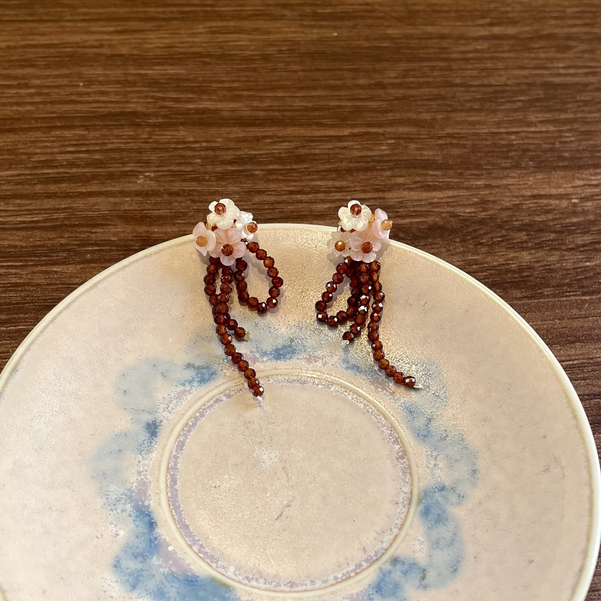 Handmade Floral Earrings Shell Flower Cluster with Hessonite Garnet Drops