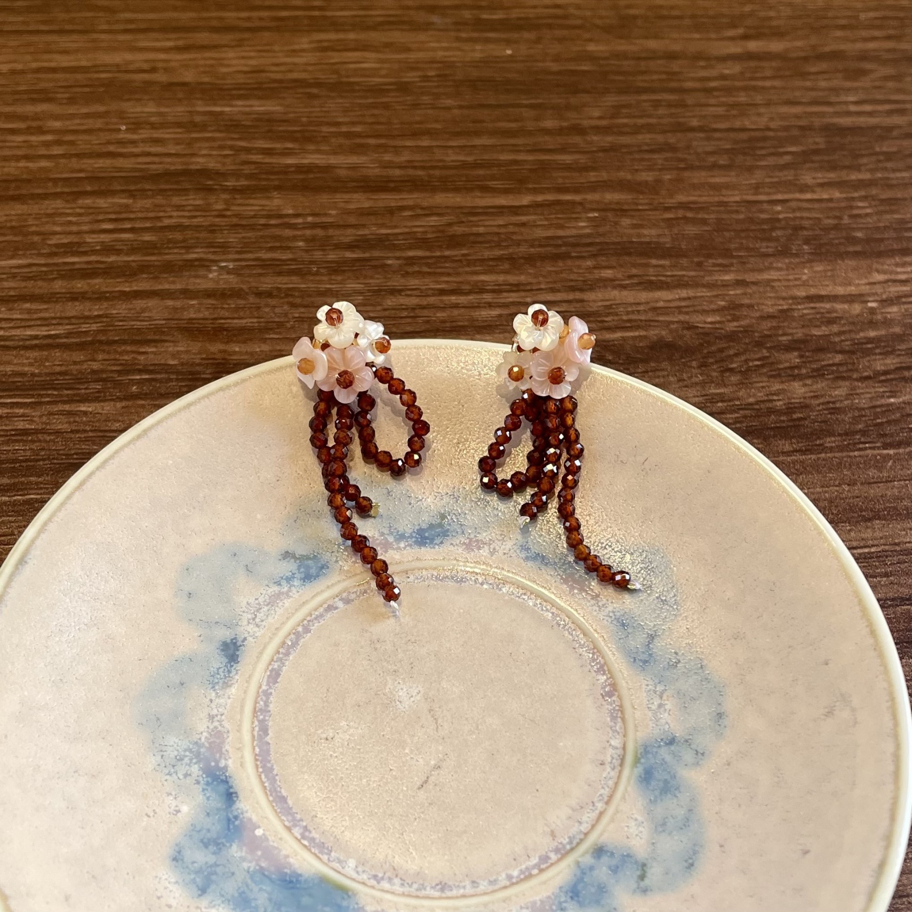 Handmade Floral Earrings Shell Flower Cluster with Hessonite Garnet Drops