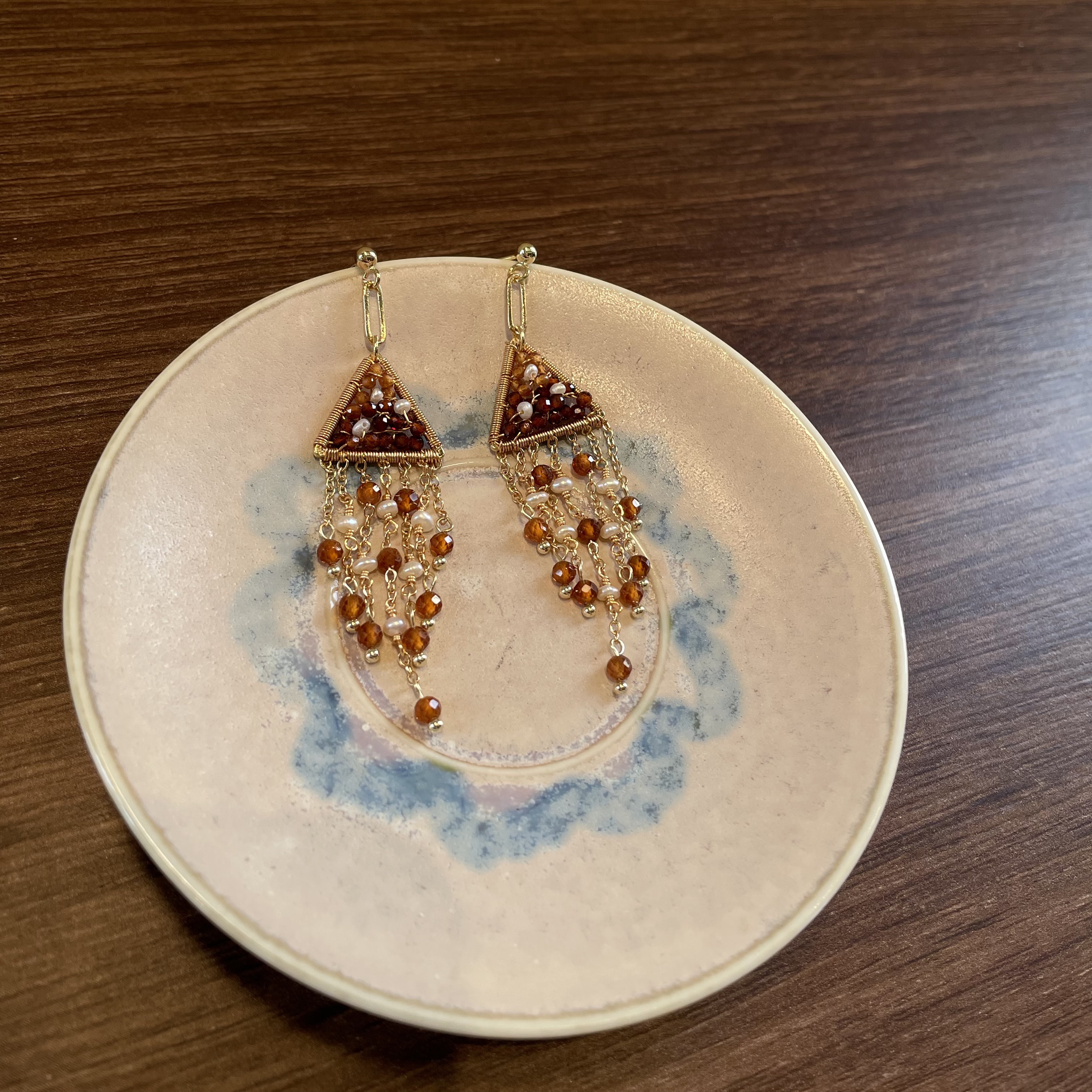 handmadeHessonite Garnet Triangle Tassel Earrings with Freshwater Pearls