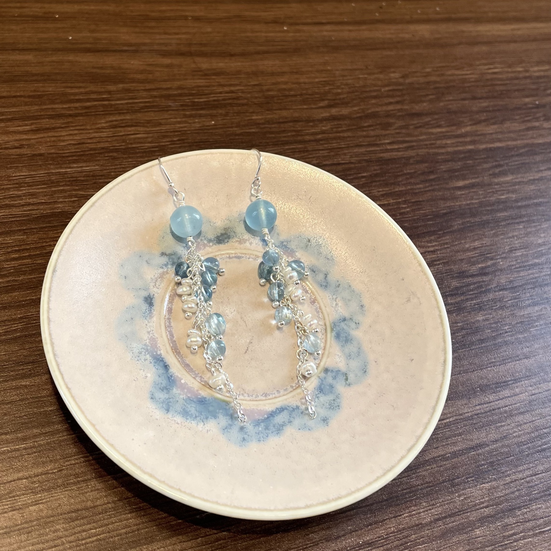 “Sea Salt Summer”Handmade Aquamarine and Pearl Tassel Earrings 