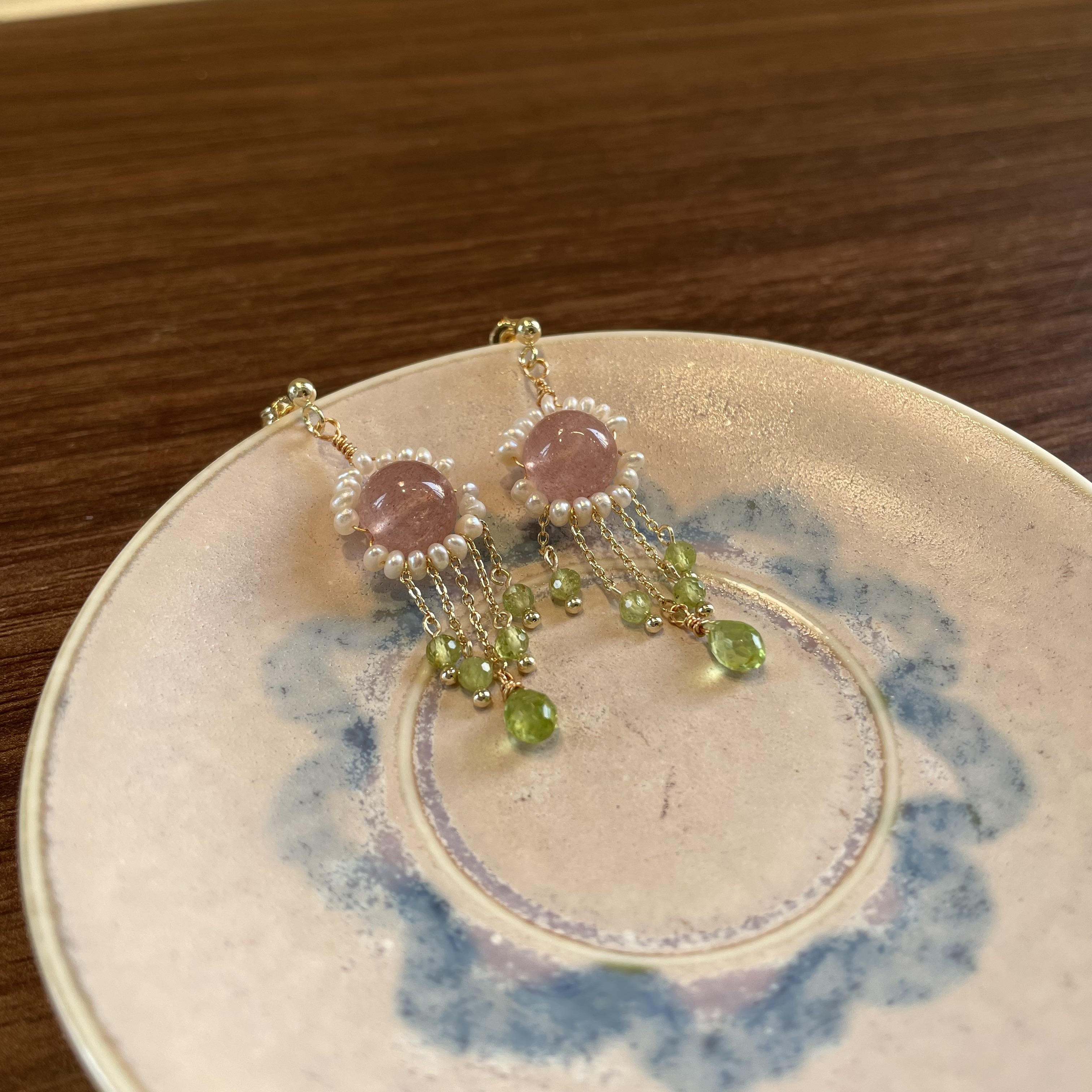Handmade Strawberry Quartz Pearl Halo Earrings with Peridot Tassels
