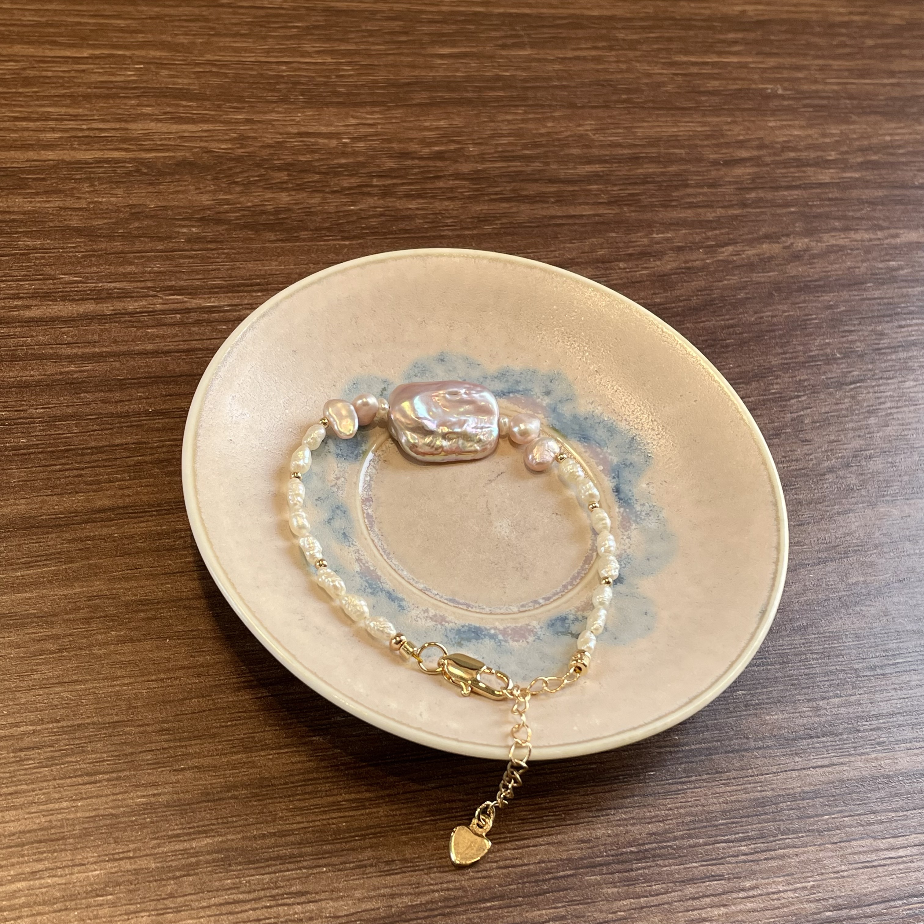 Handmade Keshi Pearls Bracelet with Lavender Baroque Pearl Centre One of a Kind