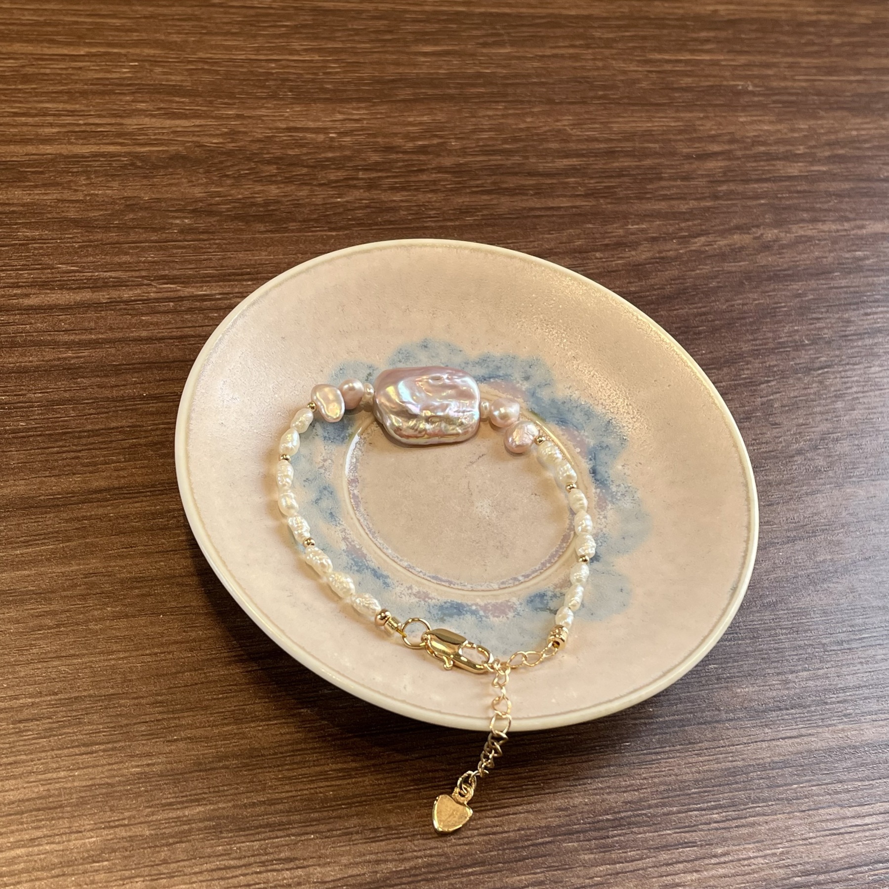 Handmade Keshi Pearls Bracelet with Lavender Baroque Pearl Centre One of a Kind