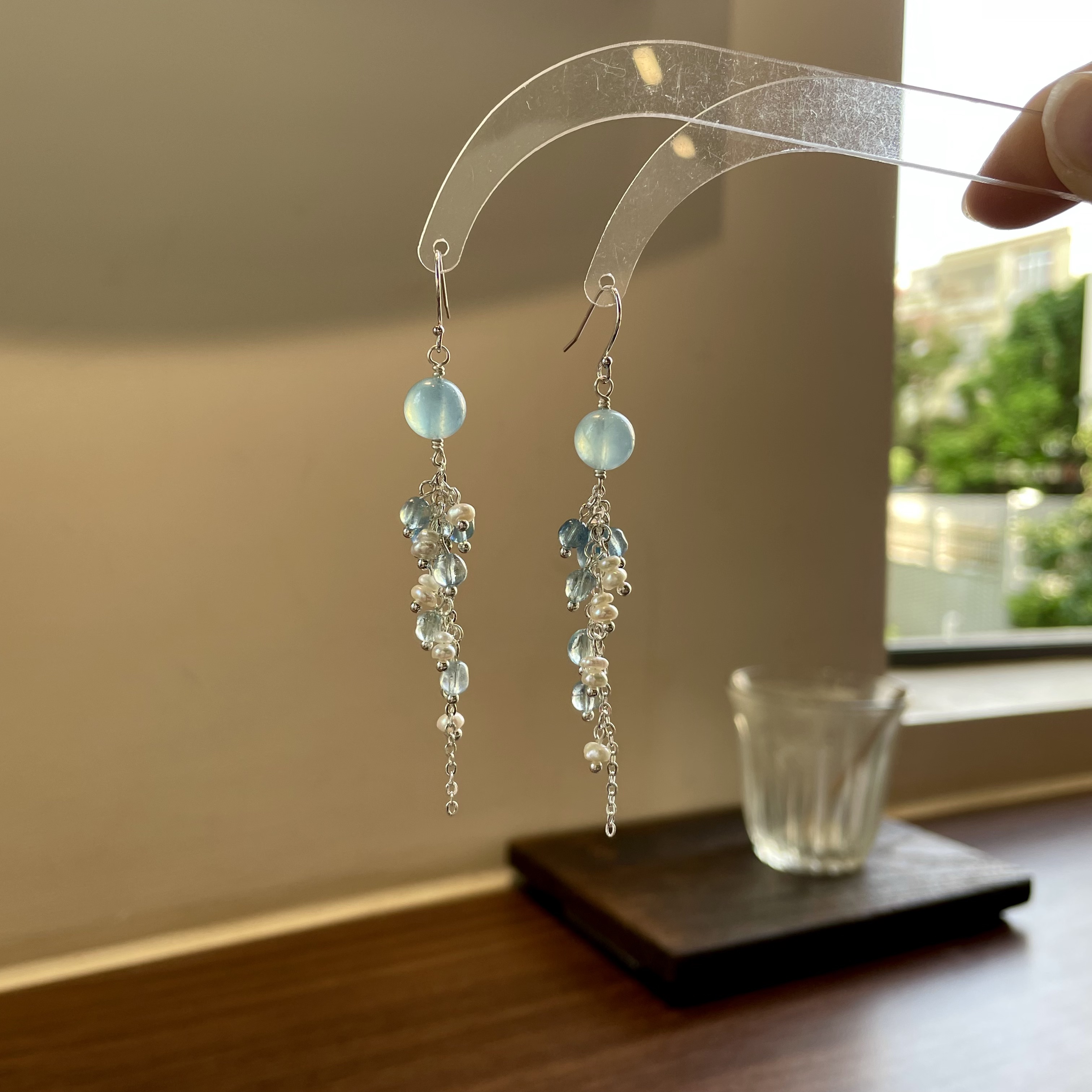 “Sea Salt Summer”Handmade Aquamarine and Pearl Tassel Earrings 