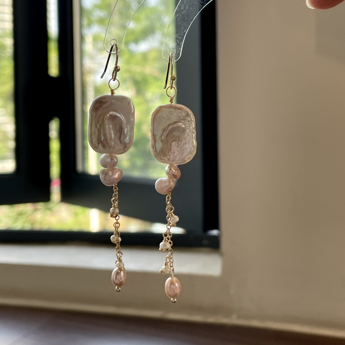 Handmade Lavender Baroque Pearl Square with Tassel Earrings – One of a Kind