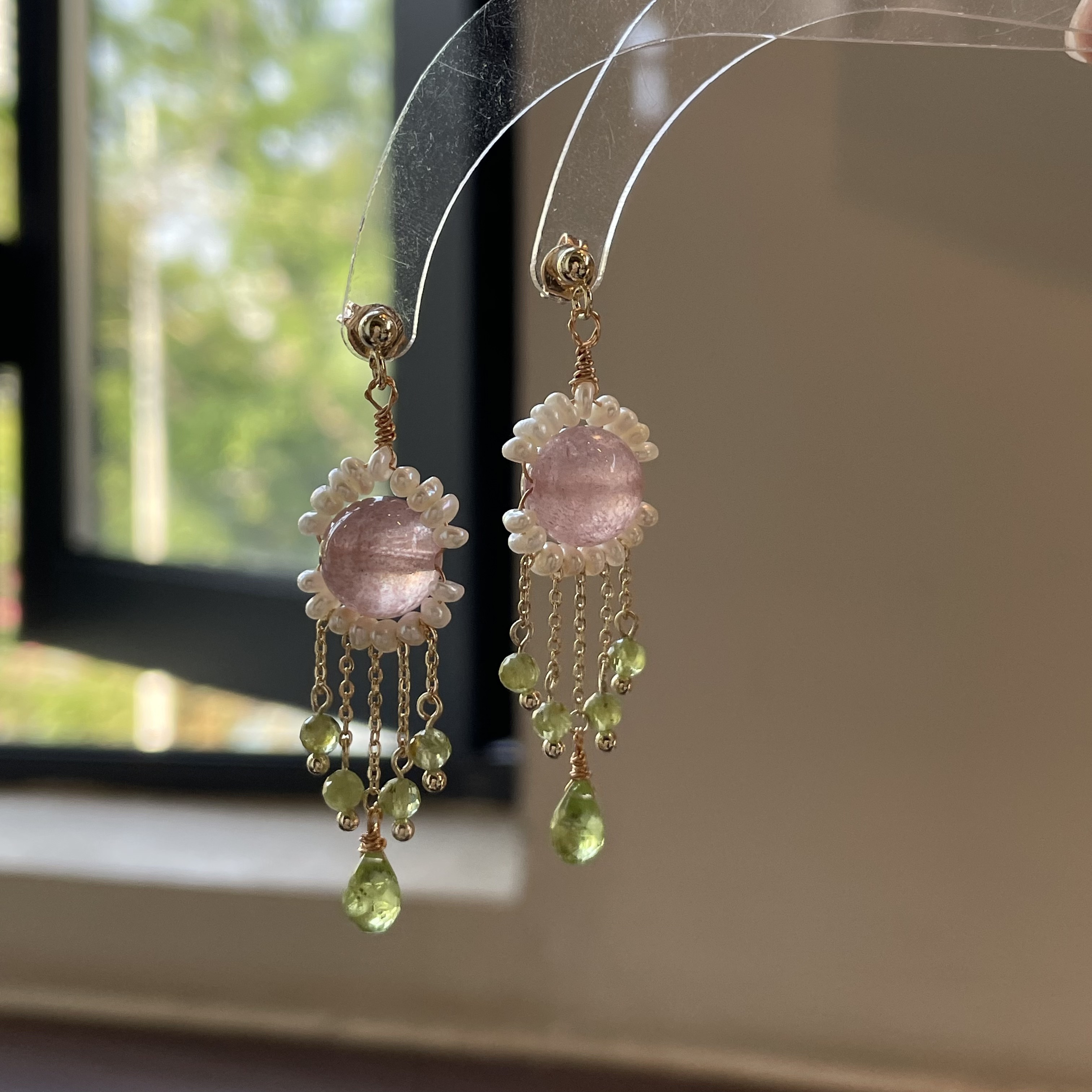 Handmade Strawberry Quartz Pearl Halo Earrings with Peridot Tassels