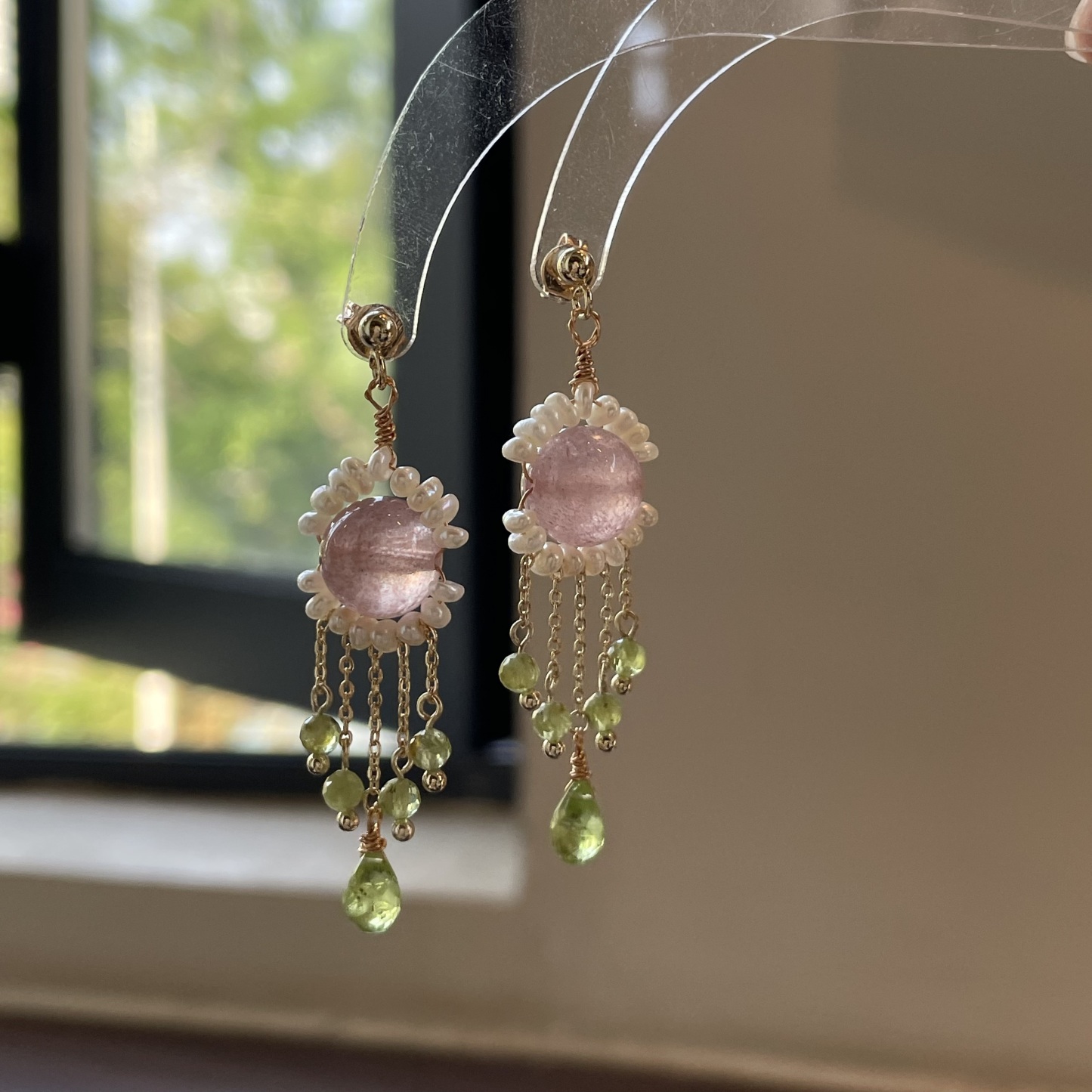 Handmade Strawberry Quartz Pearl Halo Earrings with Peridot Tassels