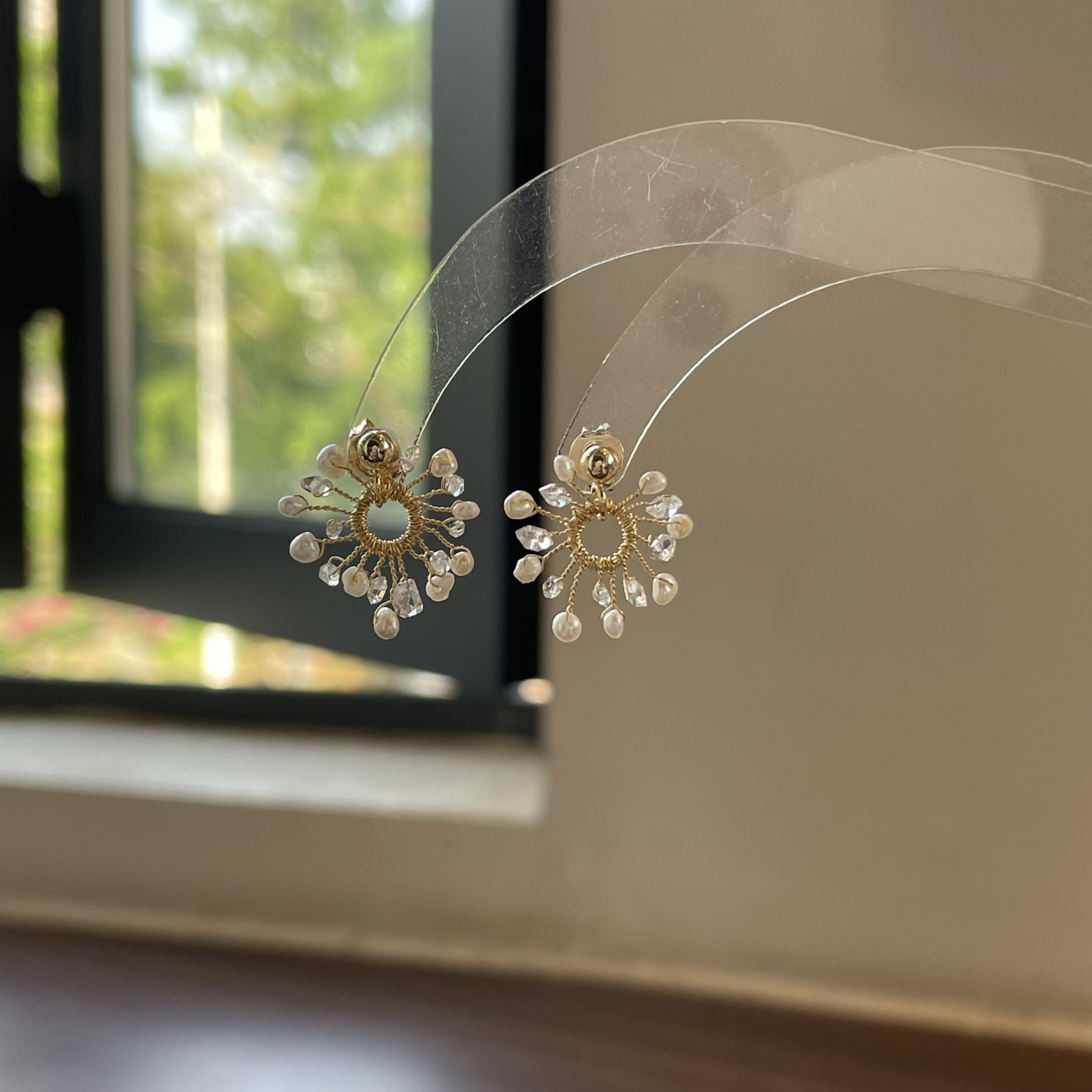 Handmade Herkimer Diamond Firework Pearl Stud Earrings