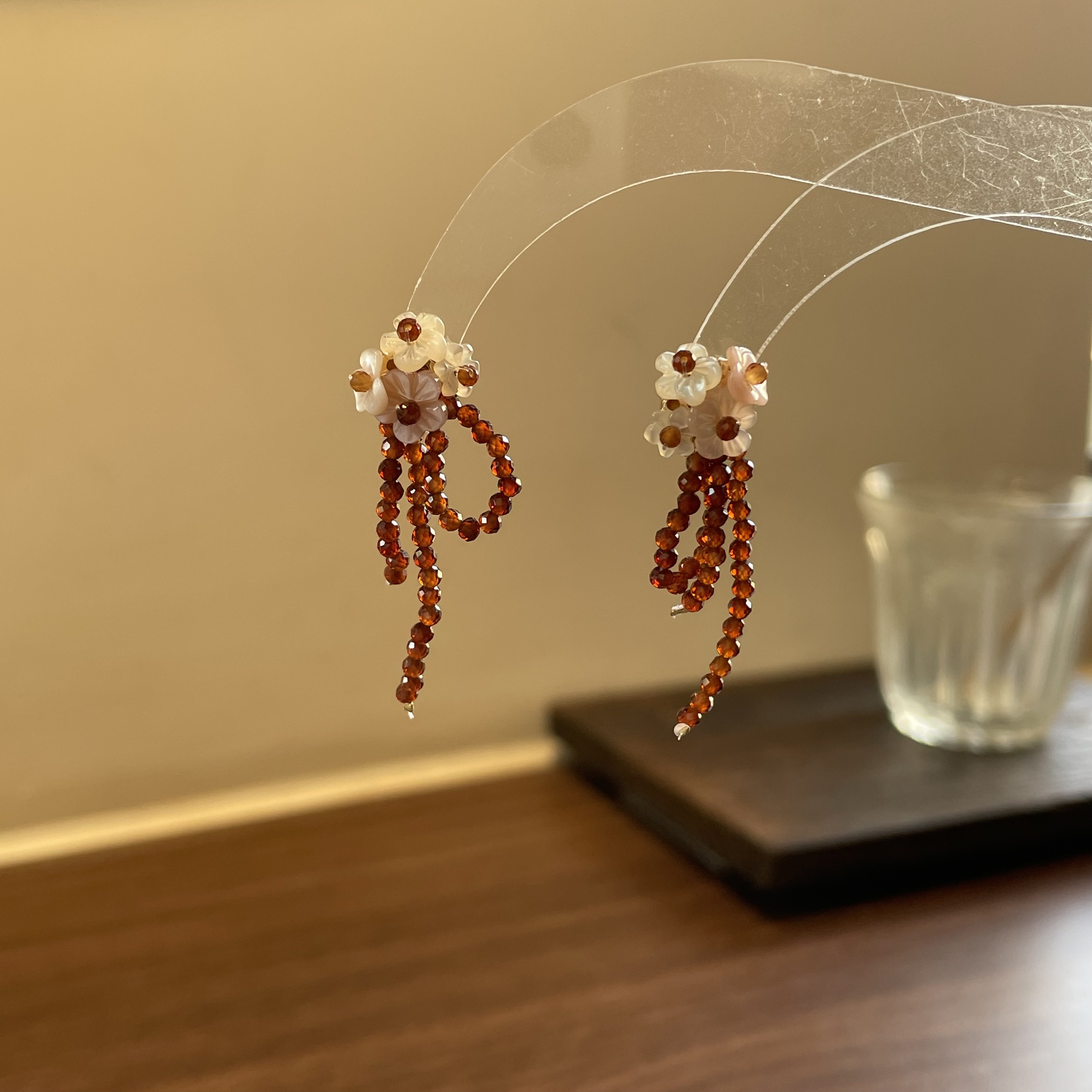 Handmade Floral Earrings Shell Flower Cluster with Hessonite Garnet Drops