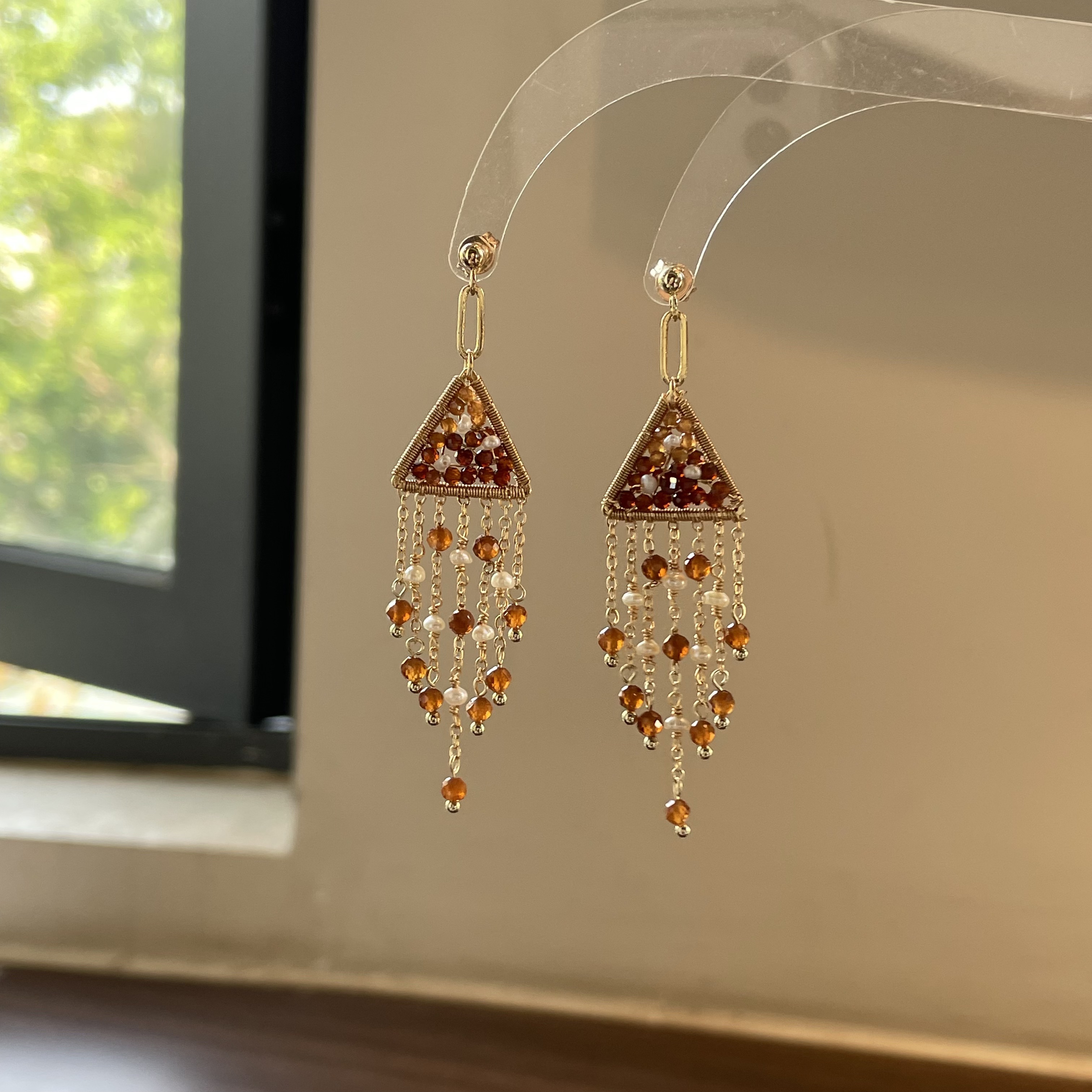handmadeHessonite Garnet Triangle Tassel Earrings with Freshwater Pearls