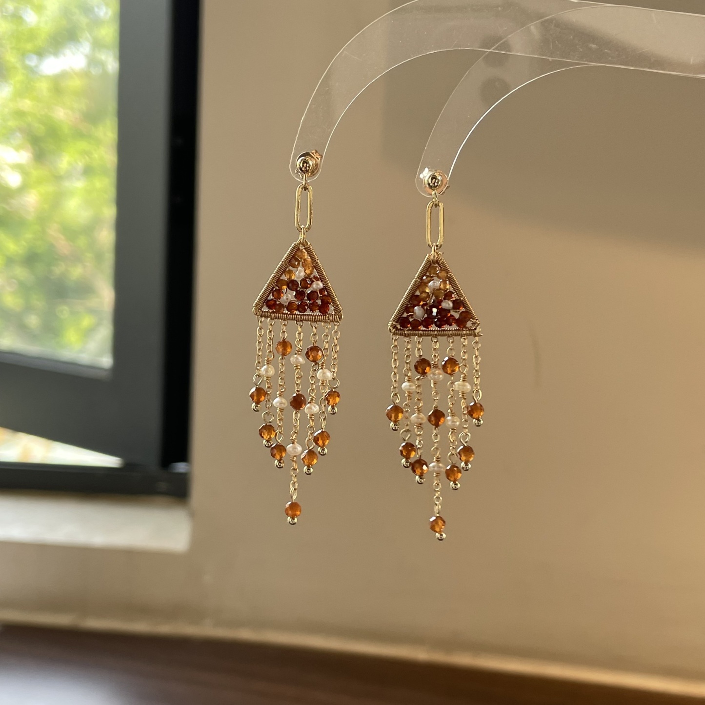 handmadeHessonite Garnet Triangle Tassel Earrings with Freshwater Pearls