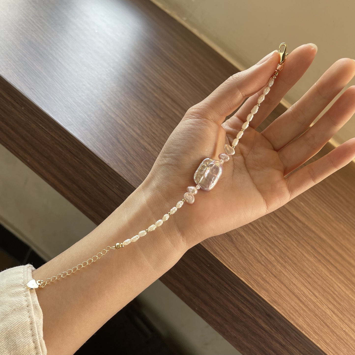 Handmade Keshi Pearls Bracelet with Lavender Baroque Pearl Centre One of a Kind