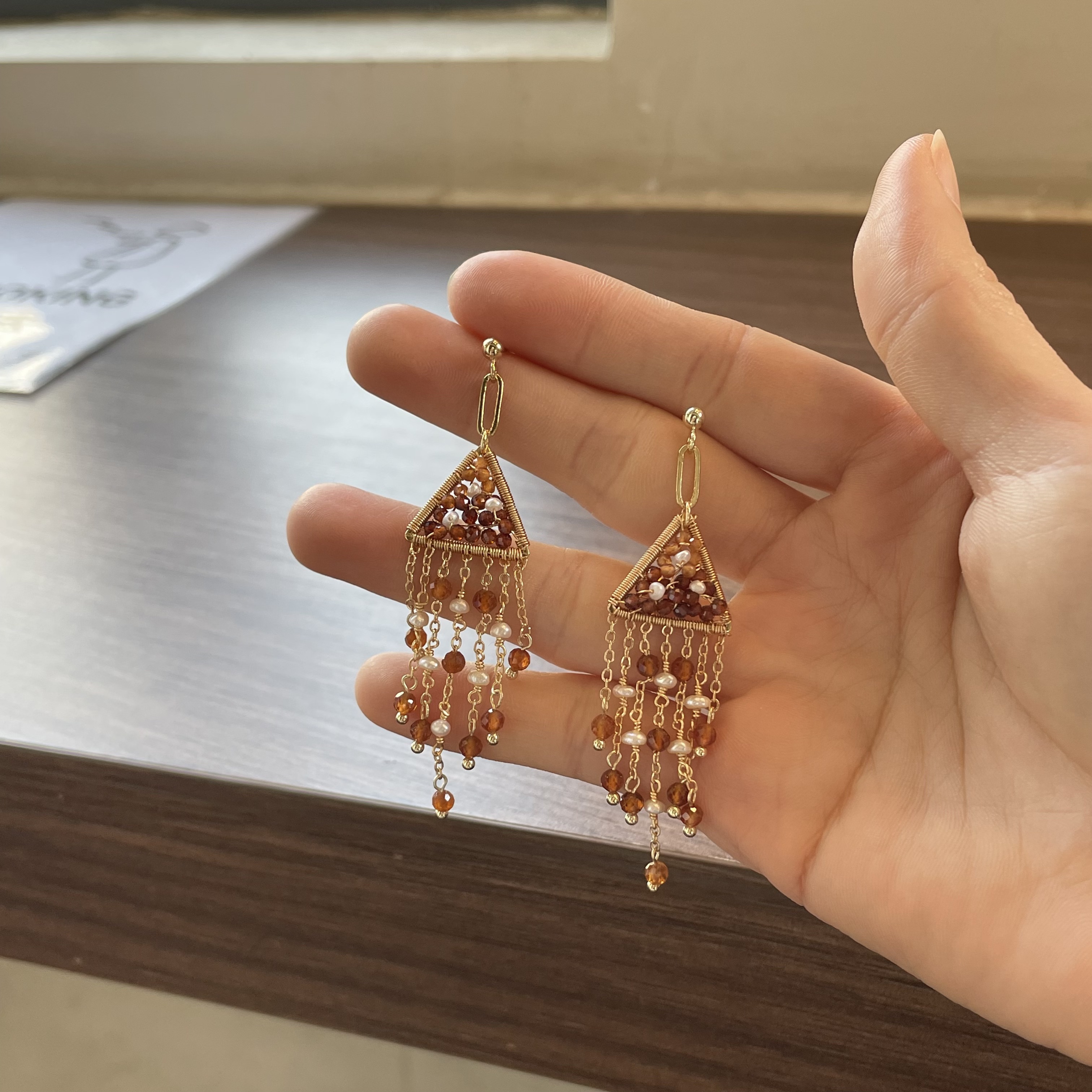 handmadeHessonite Garnet Triangle Tassel Earrings with Freshwater Pearls