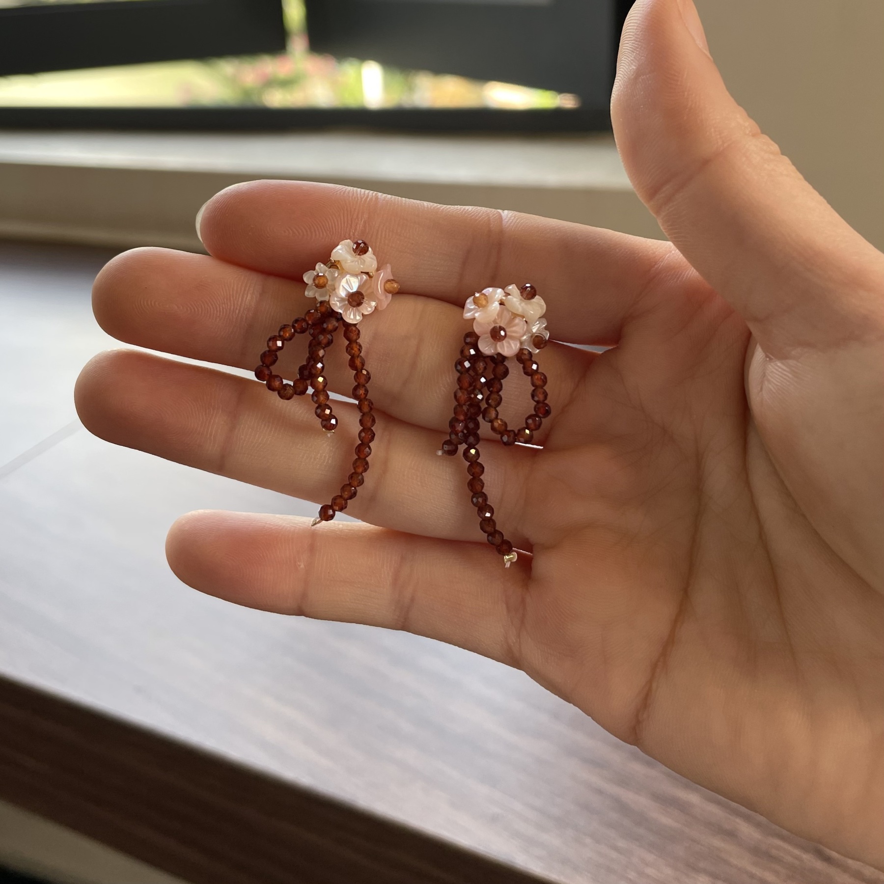 Handmade Floral Earrings Shell Flower Cluster with Hessonite Garnet Drops