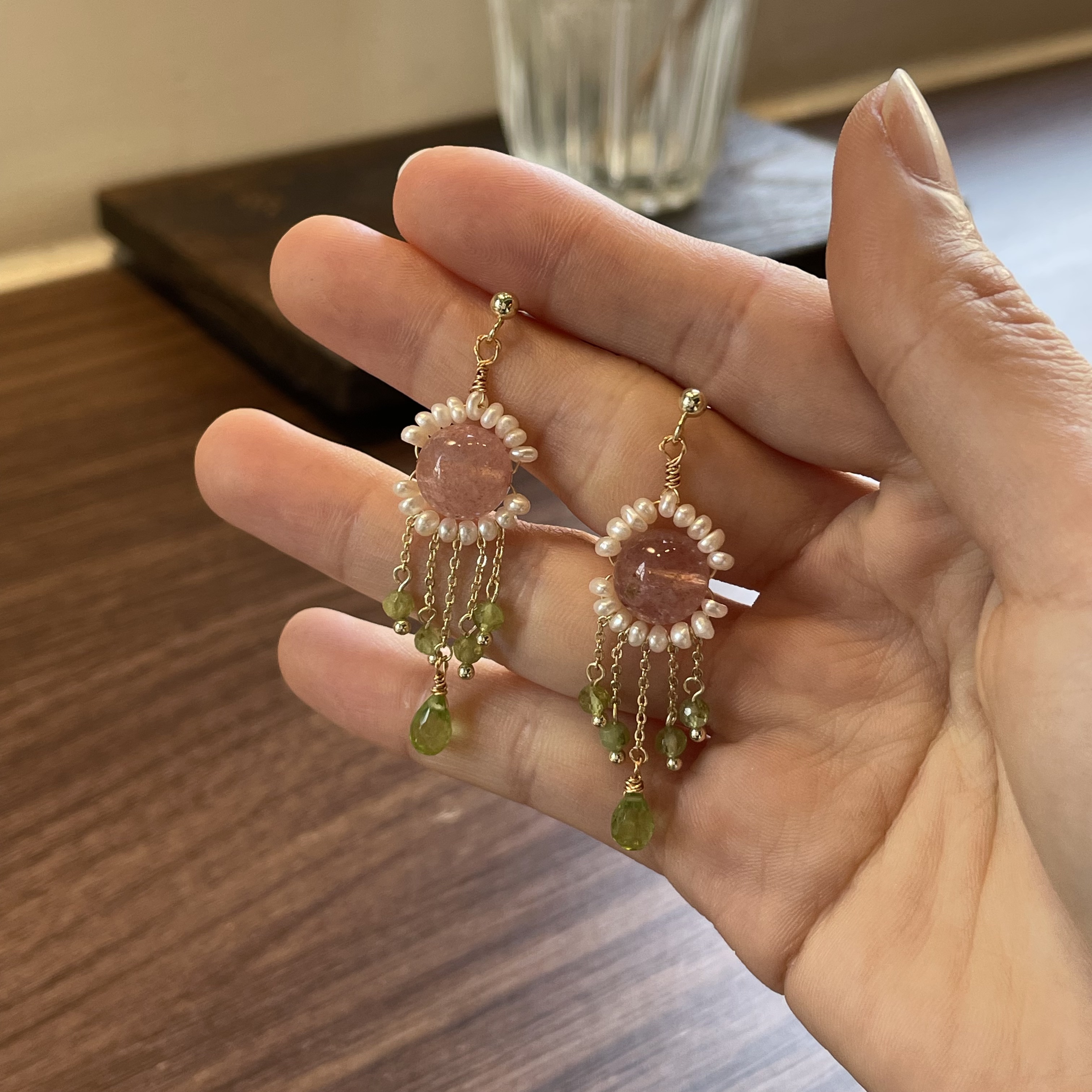 Handmade Strawberry Quartz Pearl Halo Earrings with Peridot Tassels