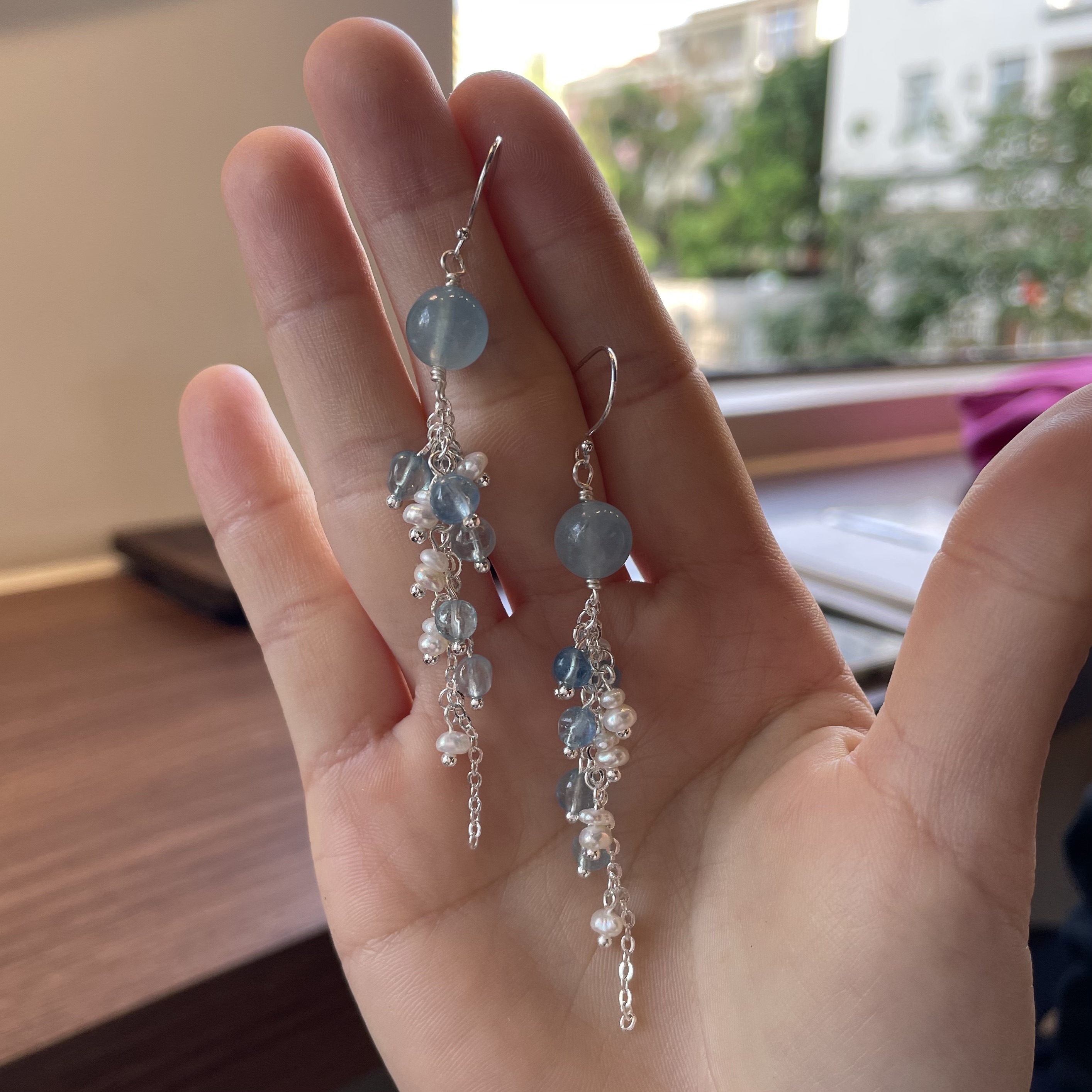 “Sea Salt Summer”Handmade Aquamarine and Pearl Tassel Earrings 