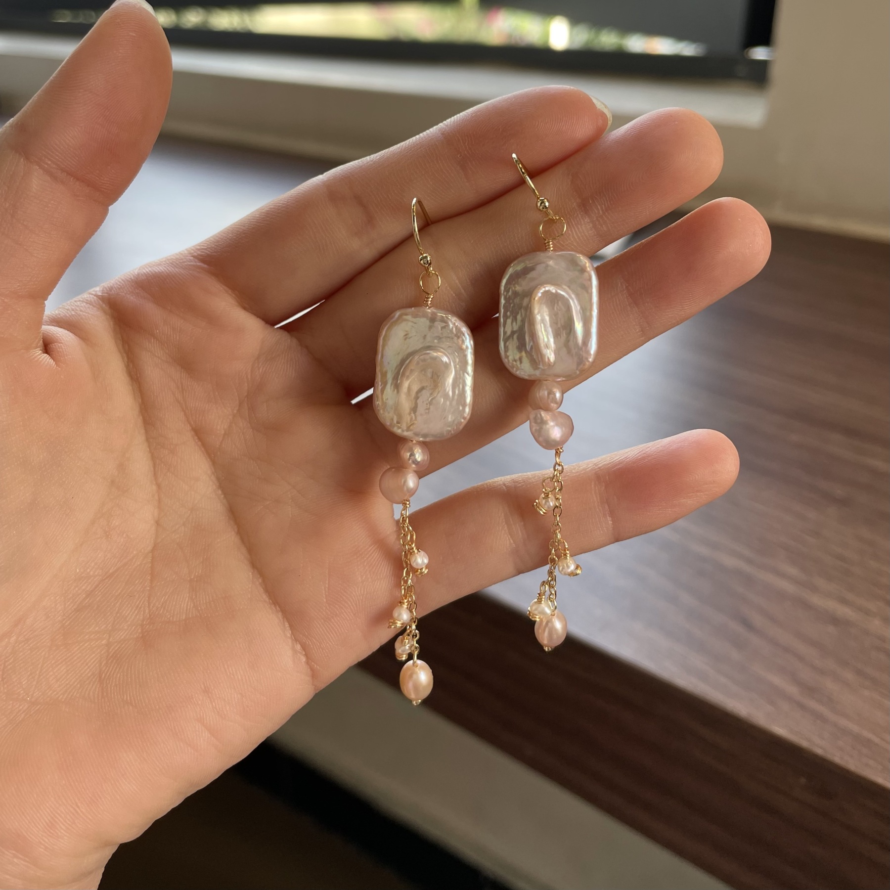 Handmade Lavender Baroque Pearl Square with Tassel Earrings – One of a Kind