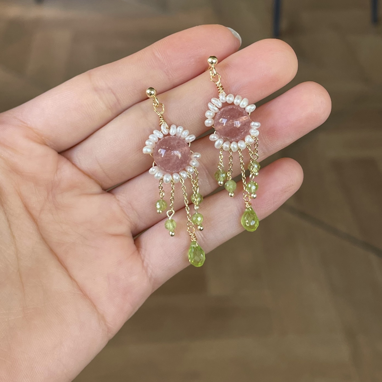 Handmade Strawberry Quartz Pearl Halo Earrings with Peridot Tassels