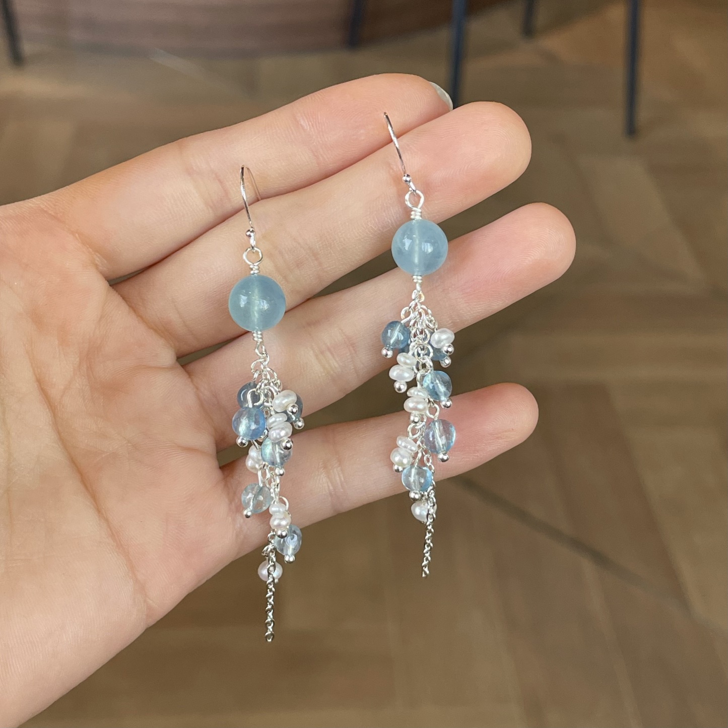 “Sea Salt Summer”Handmade Aquamarine and Pearl Tassel Earrings 