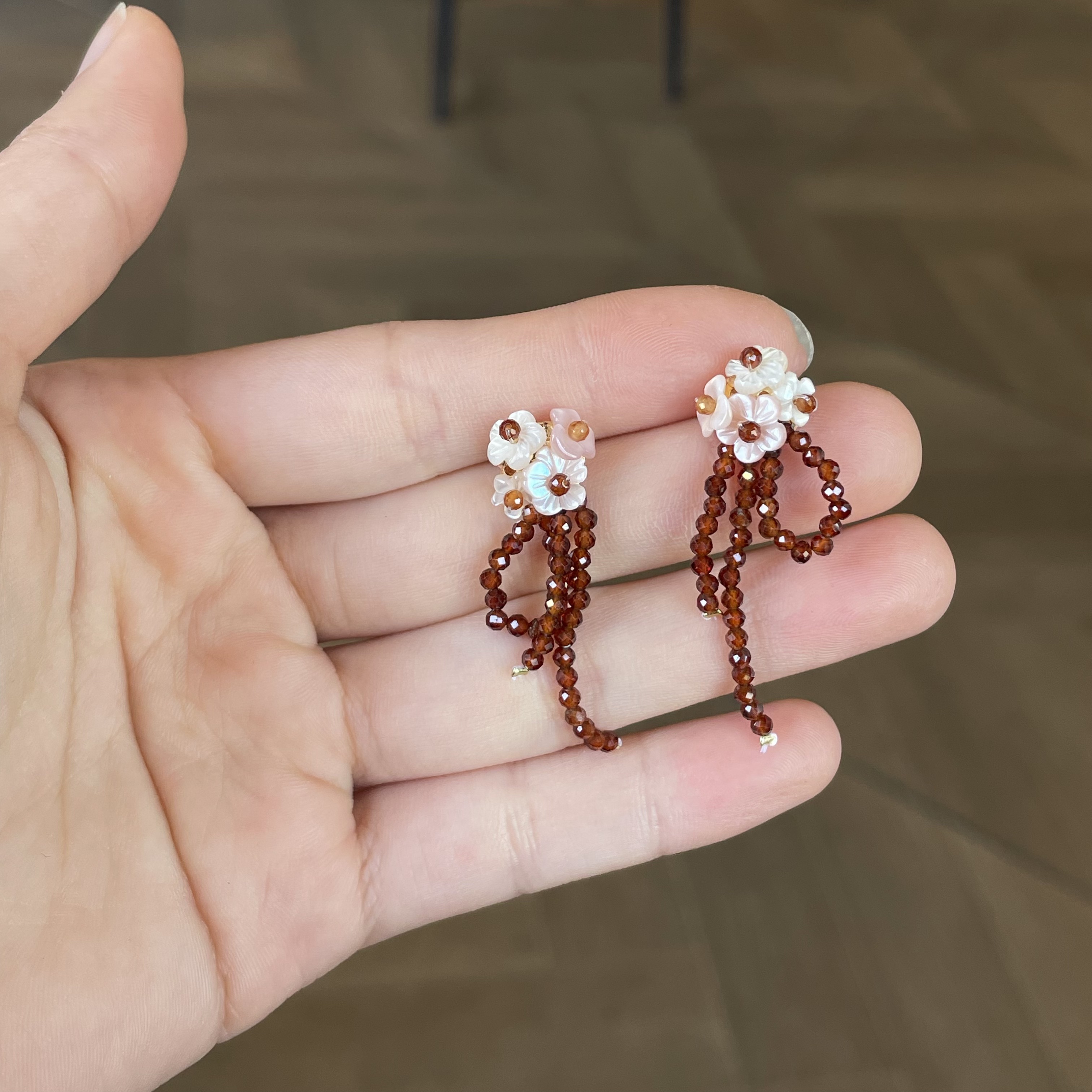 Handmade Floral Earrings Shell Flower Cluster with Hessonite Garnet Drops