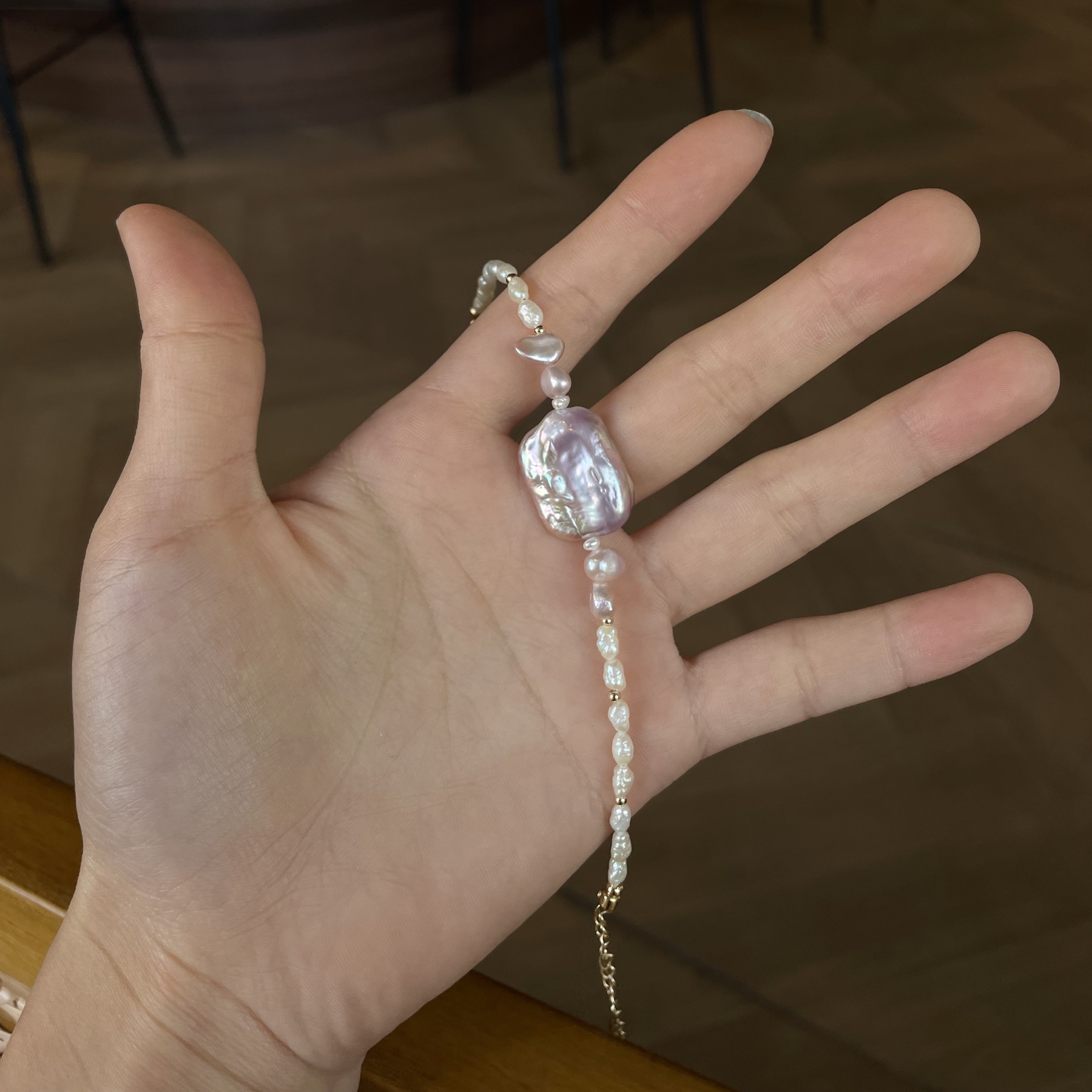 Handmade Keshi Pearls Bracelet with Lavender Baroque Pearl Centre One of a Kind