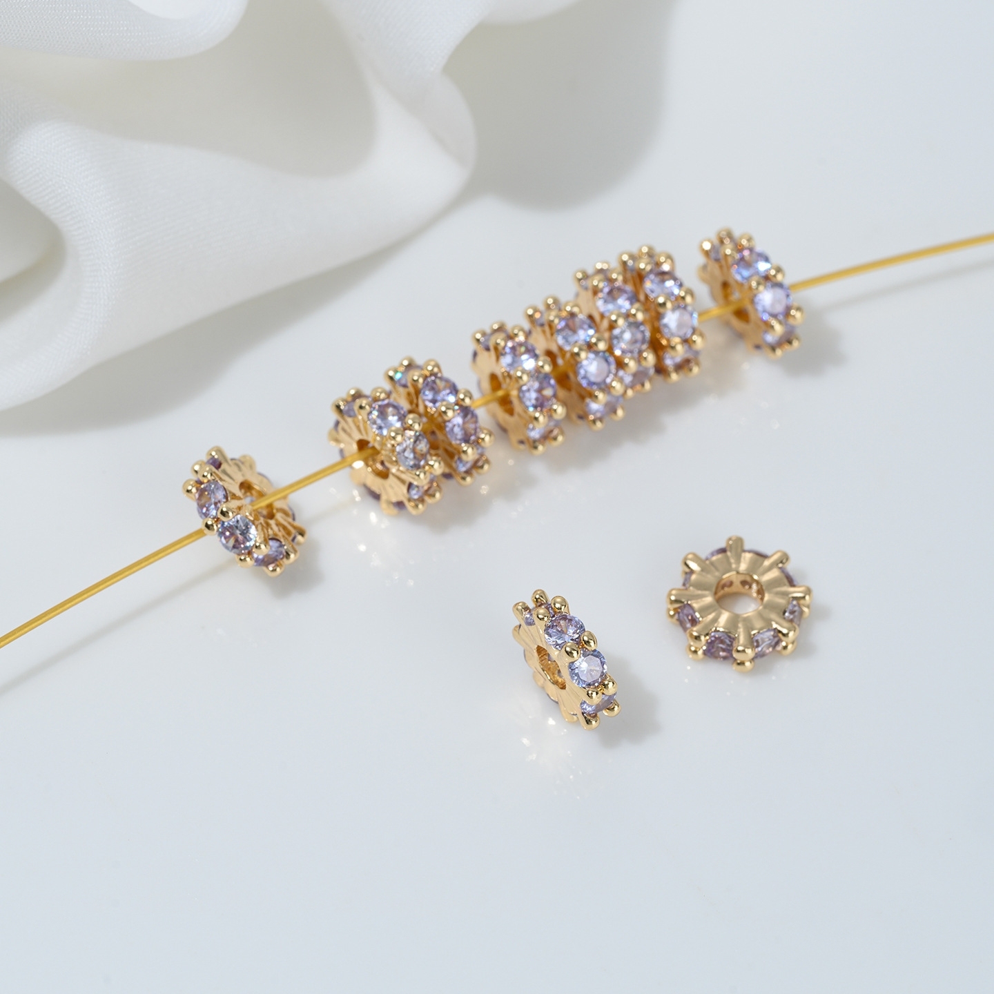 One Loop Zirconia Inlaid Gold Plated Cylindrical Wheel Spacer Beads Multiple Color