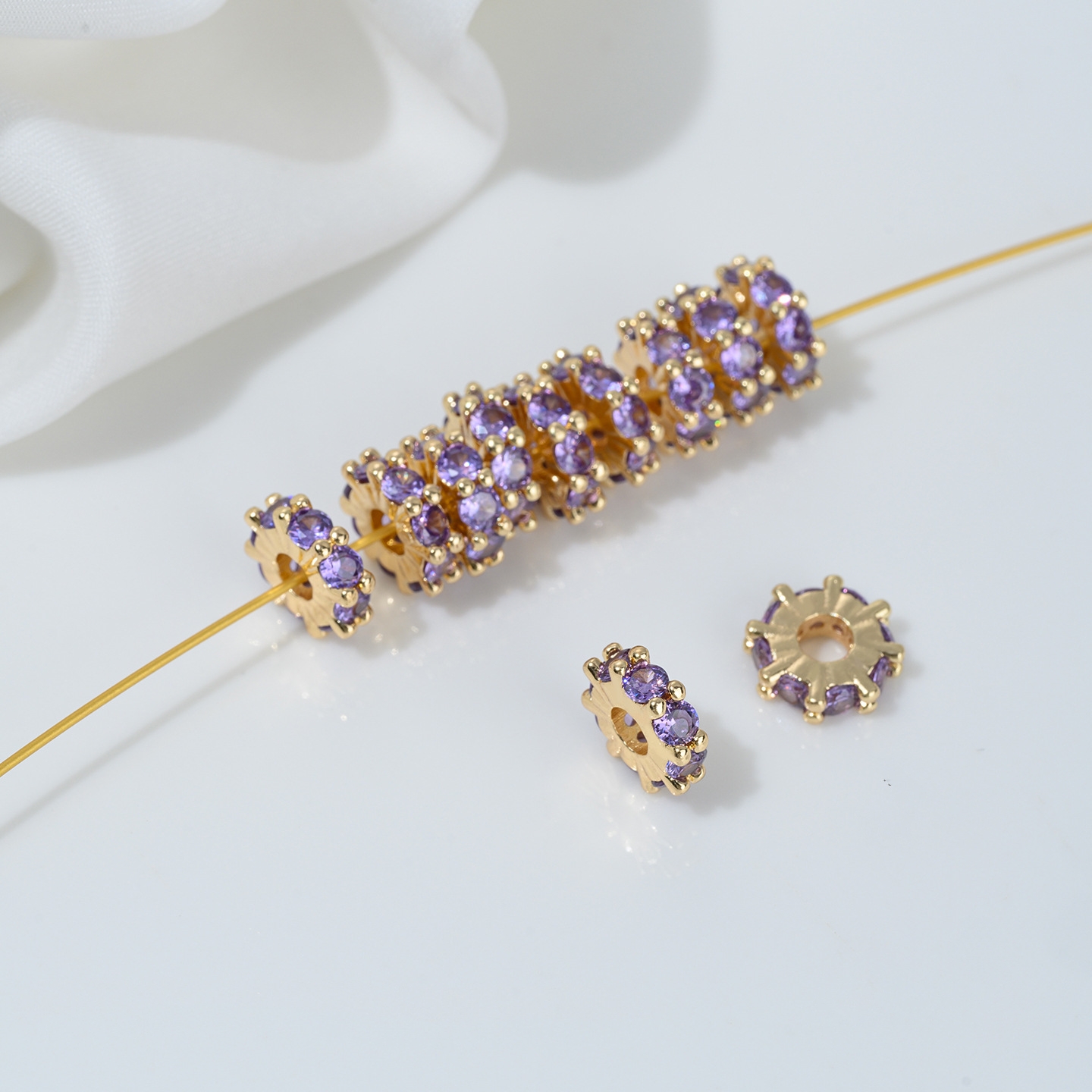 One Loop Zirconia Inlaid Gold Plated Cylindrical Wheel Spacer Beads Mu