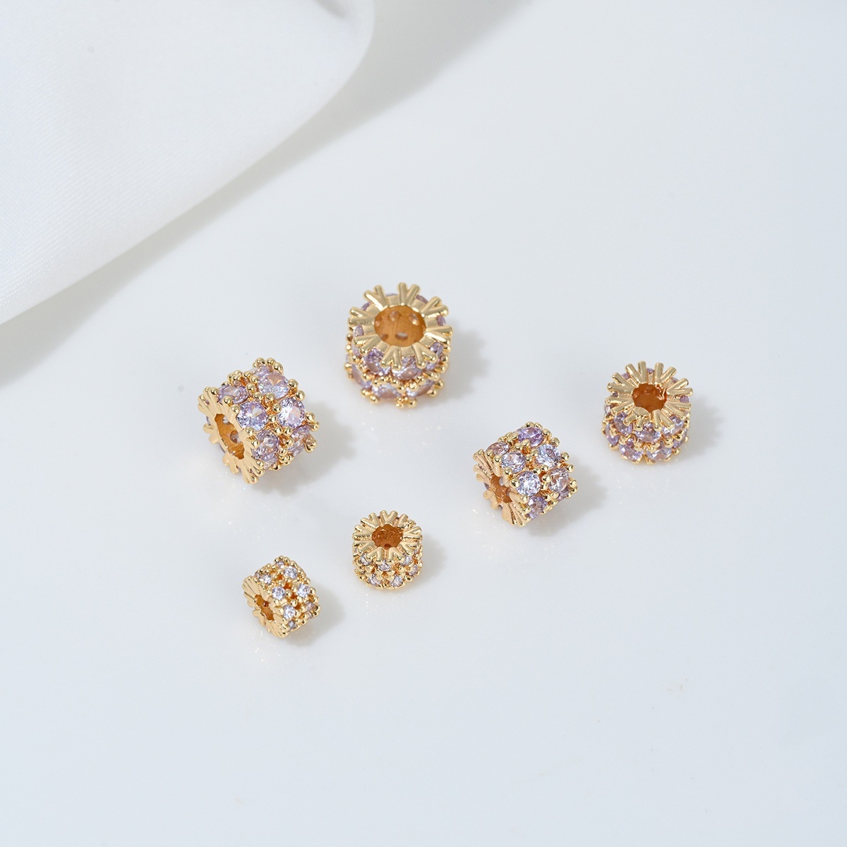 Two Loop Zirconia Inlaid Gold Plated Cylindrical Wheel Spacer Beads Multiple Color