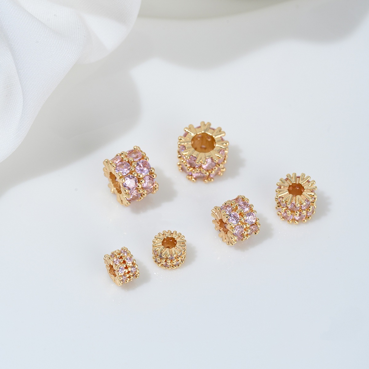 Two Loop Zirconia Inlaid Gold Plated Cylindrical Wheel Spacer Beads Multiple Color