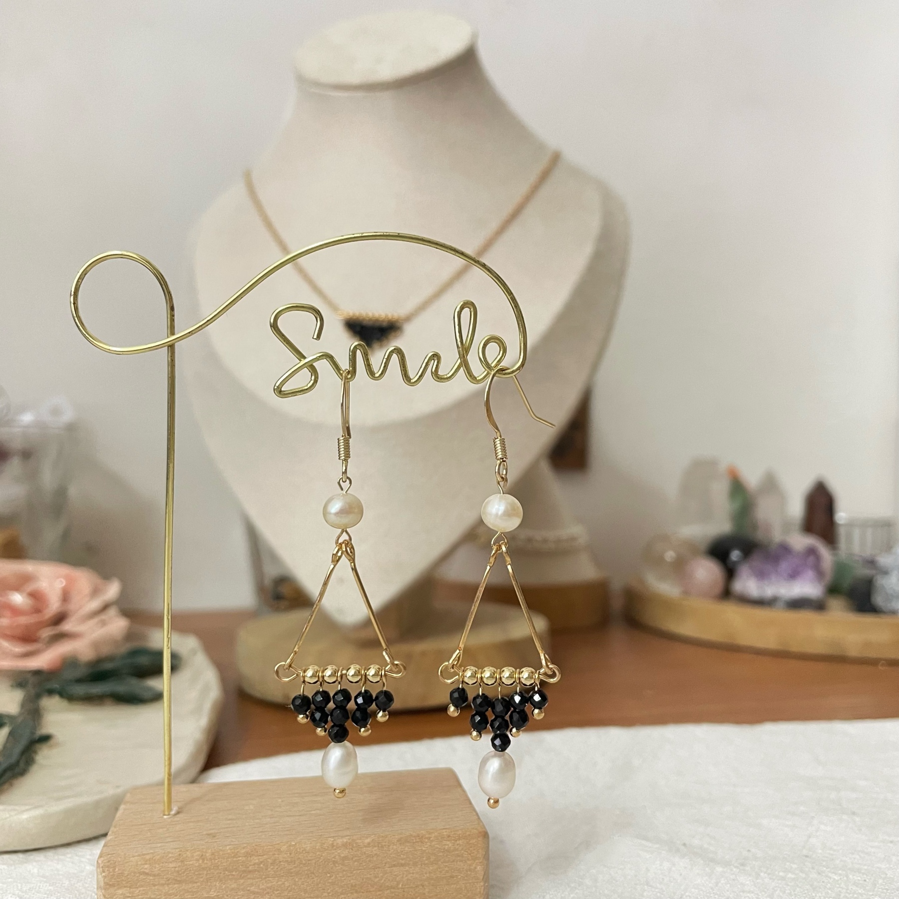 Chic Triangle Black Spinel with Freshwater Pearls Tassels Earrings