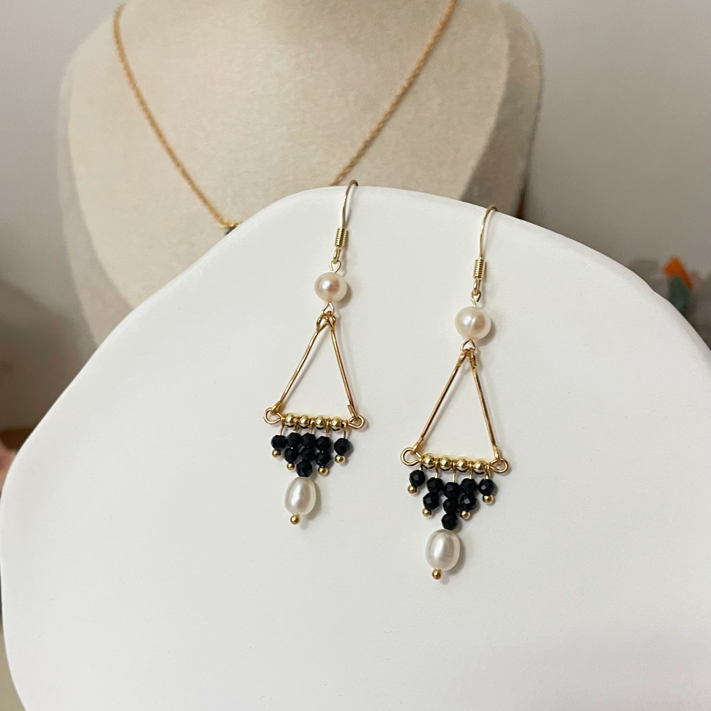 Chic Triangle Black Spinel with Freshwater Pearls Tassels Earrings