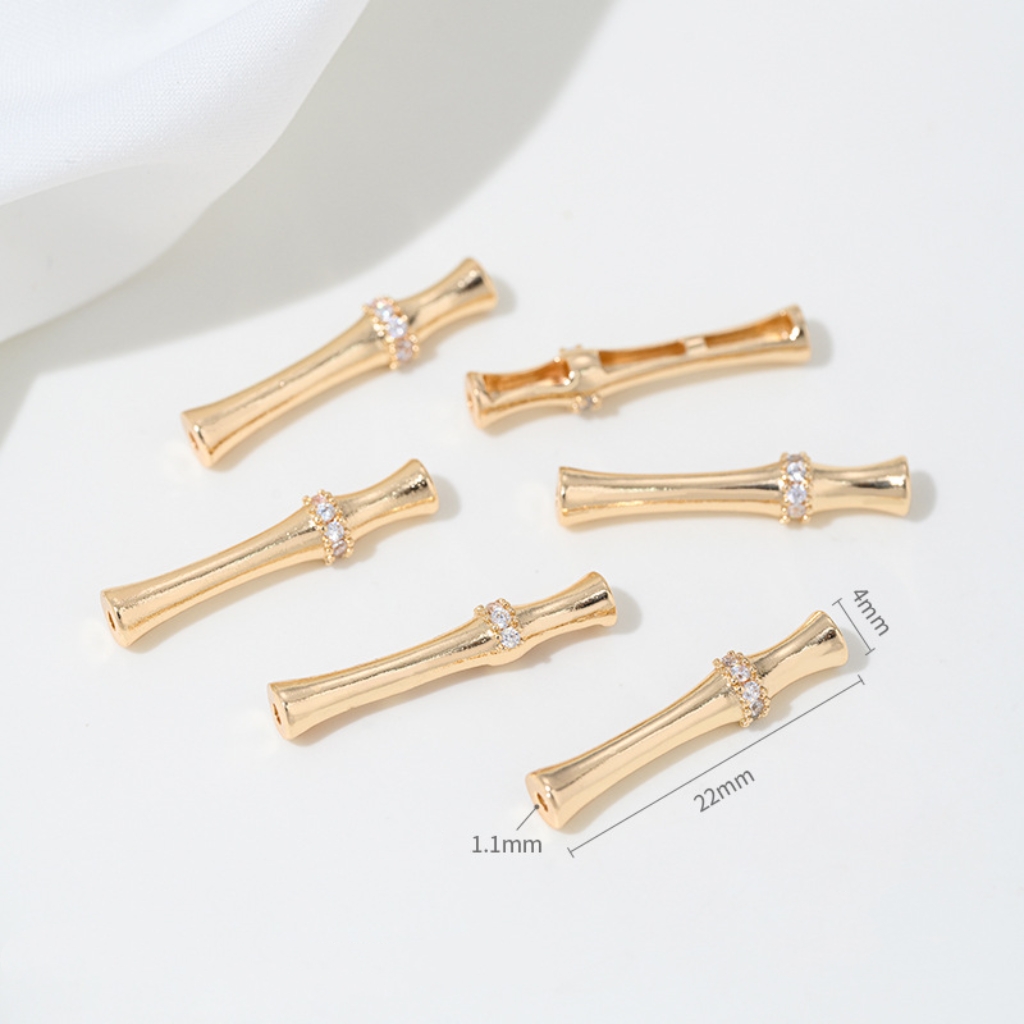 Gold Plated Cubic Zirconia Inlaid Bamboo Tube Spacer Beads Connector