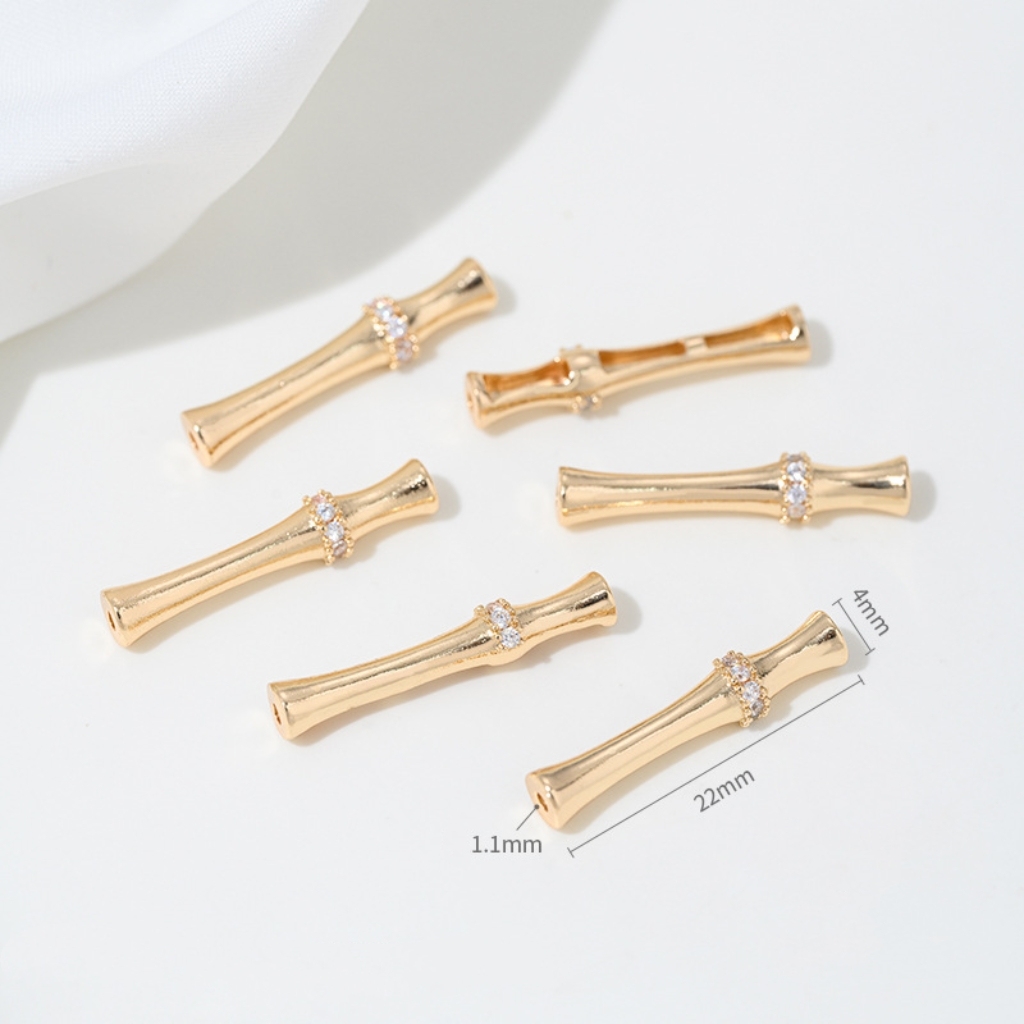 Gold Plated Cubic Zirconia Inlaid Bamboo Tube Spacer Beads Connector