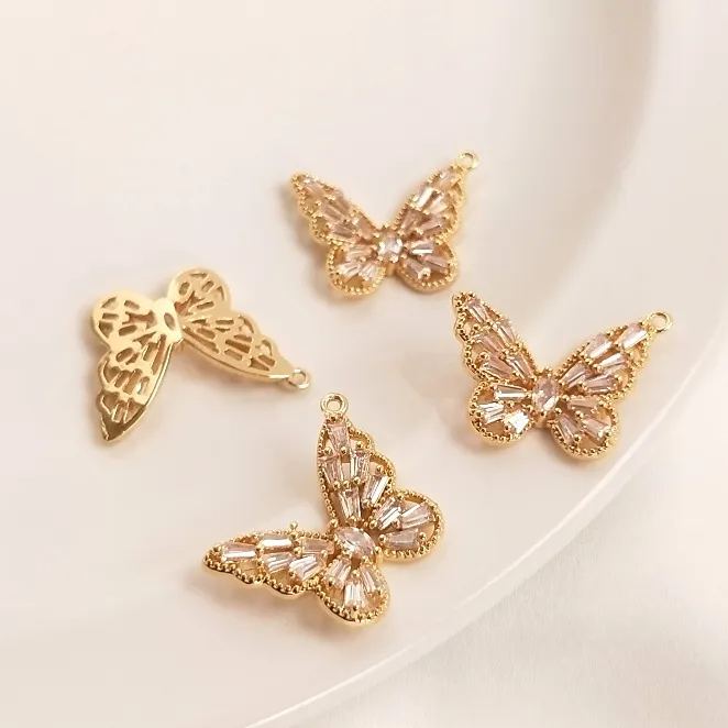14k Gold Zircon Butterfly Charm Pendant with Hanging Rings
