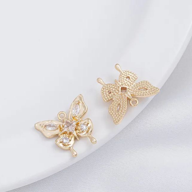 14k Gold Zircon Butterfly Charm Pendant with Hanging Rings