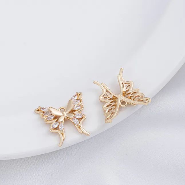 14k Gold Zircon Butterfly Charm Pendant with Hanging Rings