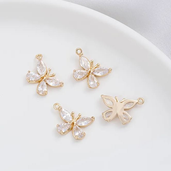 14k Gold Zircon Butterfly Charm Pendant with Hanging Rings