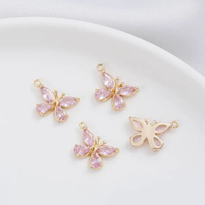 14k Gold Zircon Butterfly Charm Pendant with Hanging Rings