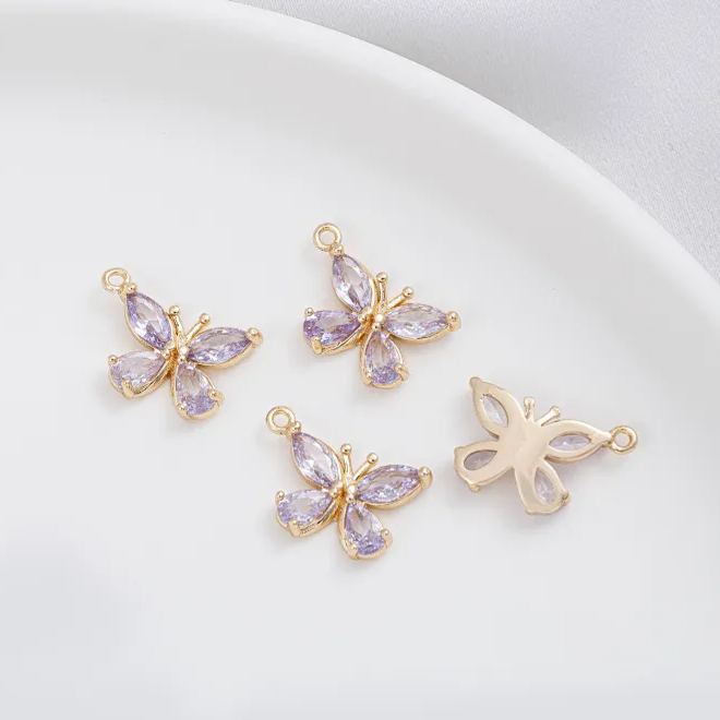 14k Gold Zircon Butterfly Charm Pendant with Hanging Rings