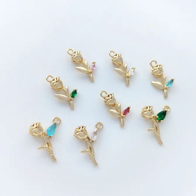 14k Gold Rose with Colored Zircon Leaf Pendant