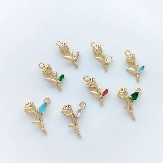 14k Gold Rose with Colored Zircon Leaf Pendant