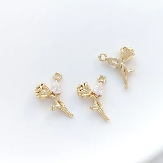 14k Gold Rose with Colored Zircon Leaf Pendant