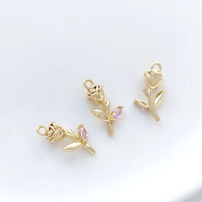 14k Gold Rose with Colored Zircon Leaf Pendant