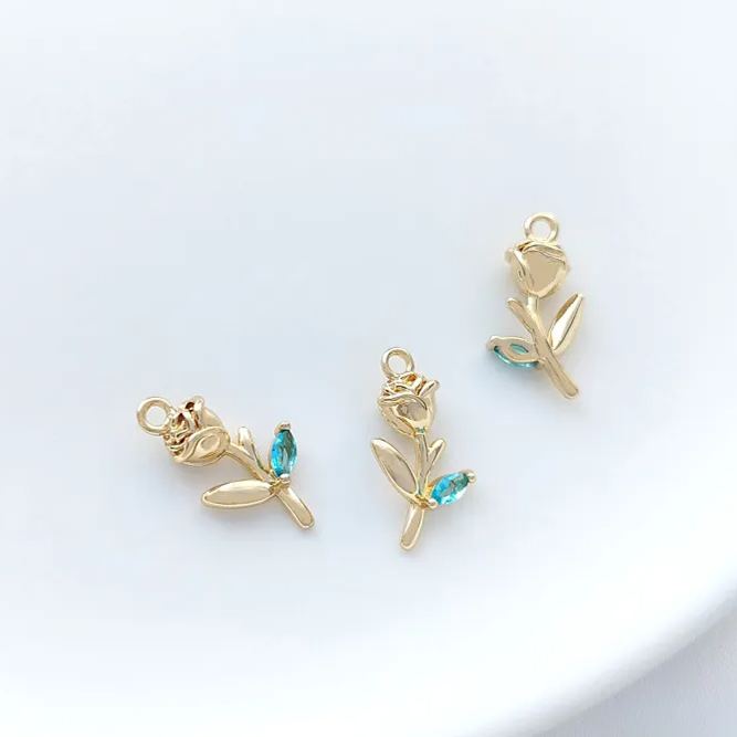 14k Gold Rose with Colored Zircon Leaf Pendant