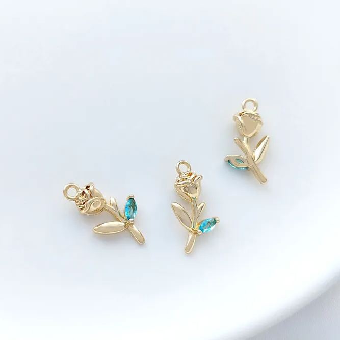 14k Gold Rose with Colored Zircon Leaf Pendant