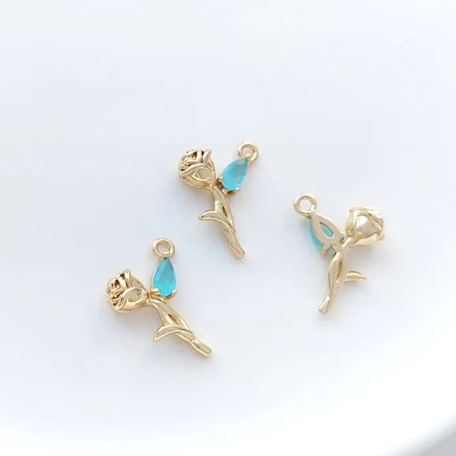 14k Gold Rose with Colored Zircon Leaf Pendant